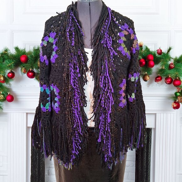 Granny Square Super Fringe Black Purple Greens L/XL - Picture 4 of 12
